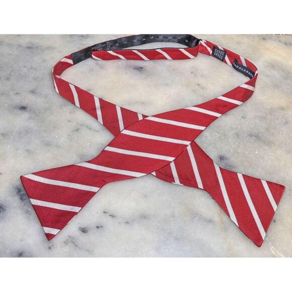 Saddlebred 100% Silk Handmade Red White Striped Woven Self Tie Bow Tie